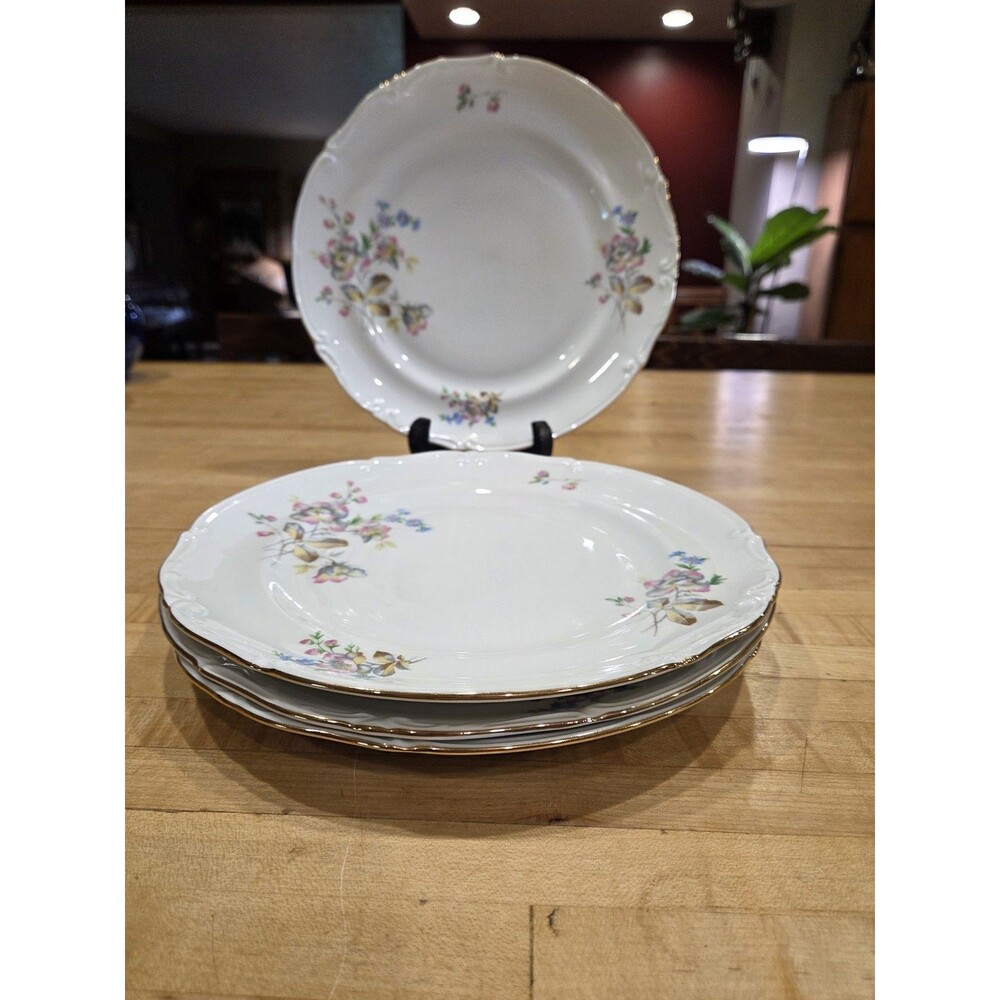 Vintage Elegant Pink Rose Blue Forget Me Not Dinner Plates Set of 4 Japan
